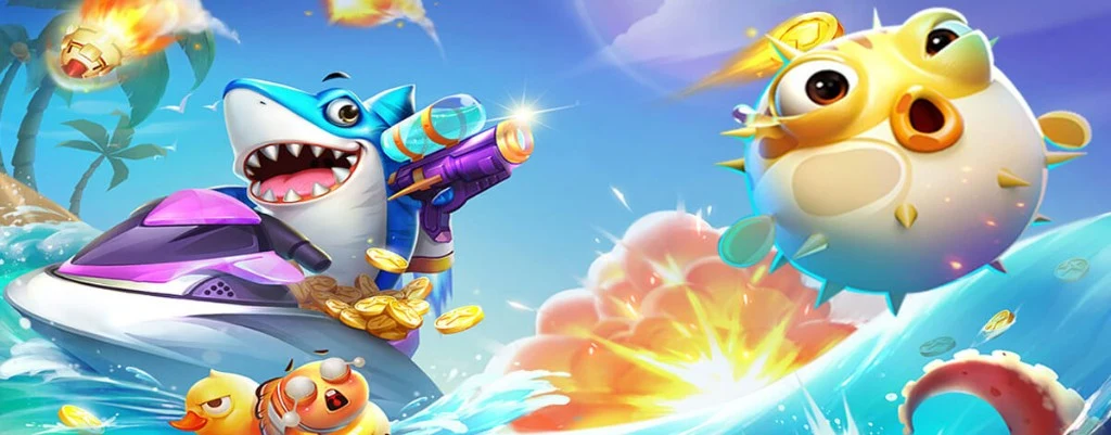 Cảnh biển hoạt hình — cá mập trên jet ski và cá nóc — game bắn cá 789WIN